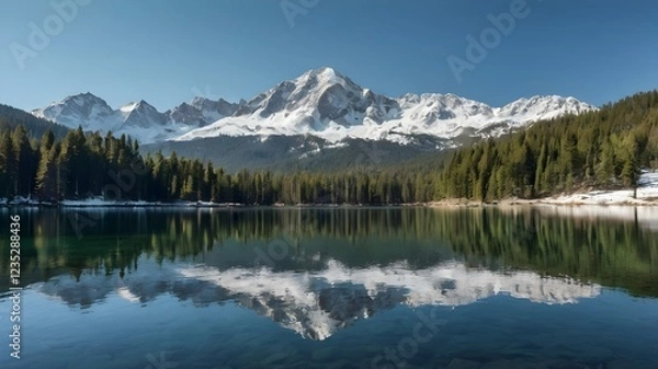 Fototapeta A photograph of a serene mountain lake surrounded by pine forests and snow-capped peaks, under a clear blue sky, in a high-resolution landscape photography style