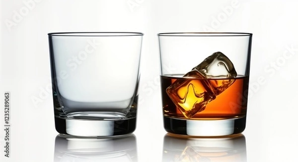 Fototapeta Two empty whiskey glasses. One glass with ice cubes and whiskey. Simple studio shot of drinks. Neatly arranged glasses. Perfect for showcasing barware or liquor.