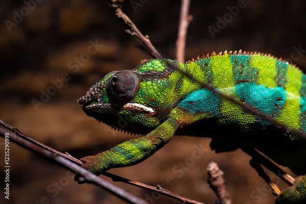 Fototapeta Close up of thoughtful Chameleon at Skansen in Stockholm, Sweden. High contrast lizard in bright green climbing on brown twigs