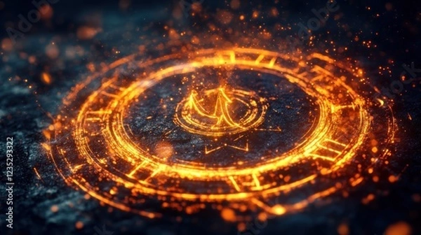 Fototapeta Fiery Circular Rune Glowing Brightly In Darkness