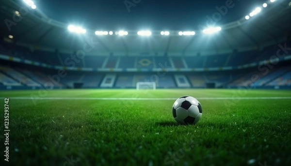 Fototapeta Close-up view of soccer field in stadium at night. Rich green grass covers pitch. Soccer ball sits on field. Bright stadium lights illuminate field. Expertly manicured turf, lines mark playing area.