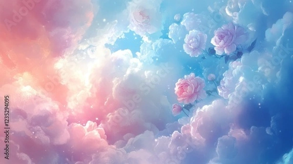 Fototapeta Pastel Roses Bloom Amongst Dreamlike Cloudscape