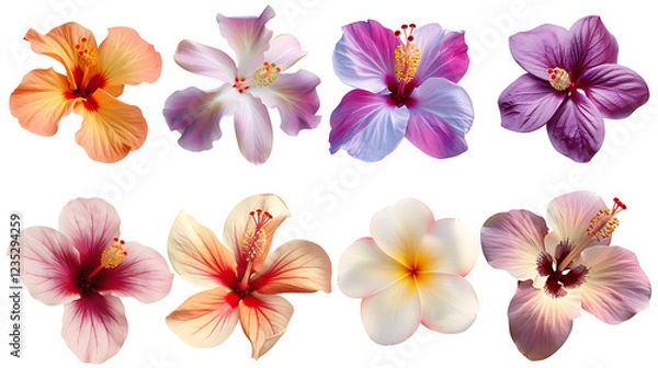Obraz A set of tropical flowers, including hibiscus, orchids, and frangipani, isolated on a white background
