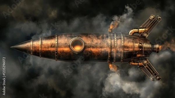 Obraz Steampunk Rocket Ascending Through Dark Clouds
