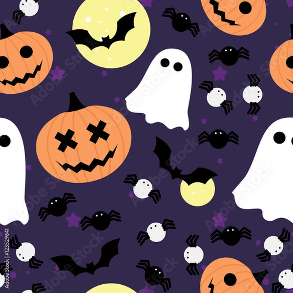 Obraz Vector seamless pattern for Halloween. Pumpkin, ghost, bat, and spider.