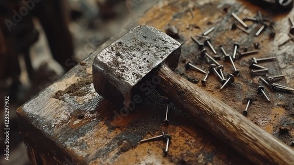 Fototapeta Weathered Hammer and Scattered Nails on Workbench