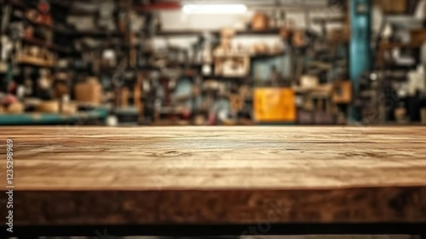 Fototapeta Beautiful empty wooden table top with a blurred, old vintage workshop in the background