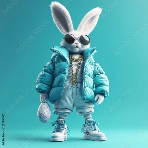 Fototapeta Stylish 3D rabbit character in vibrant attire, perfect for Easter promotions, children's products, or playful branding.