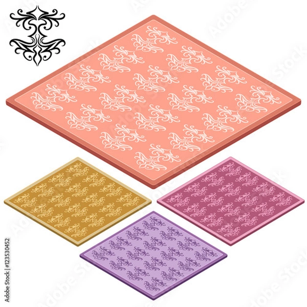 Obraz Set Oriental carpets. Pink, gold, purple icon. 3D isometric view. Vector illustration.