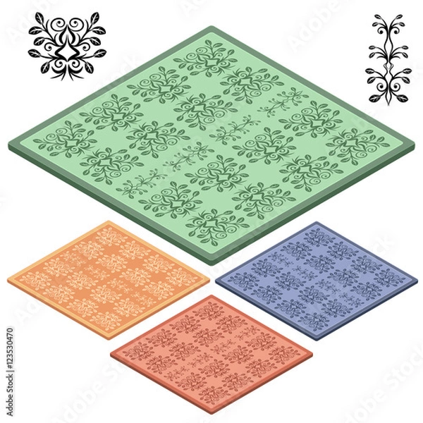 Obraz Set Oriental carpets. Orange, bown, blue, green icon. 3D isometric view. Vector illustration.