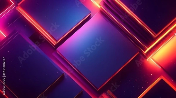 Fototapeta Futuristic abstract geometric neon shapes with glowing reflections in digital environment. Cyber technology background with neon illuminated 3d geometric shapes and reflections. 
