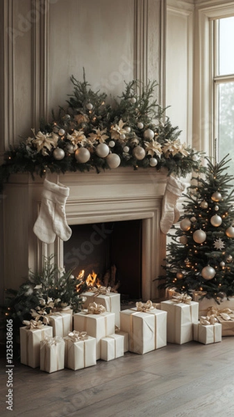 Obraz Modern Holiday Decor with Neutral White and Champagne Tones Featuring a Minimalist Christmas Tree, Soft Lights, and Elegant Gift Boxes for a Refined Festive Atmosphere