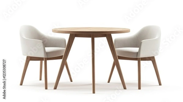 Fototapeta 3D rendering of a modern minimalist dining table with two chairs, isolated on a white background.
