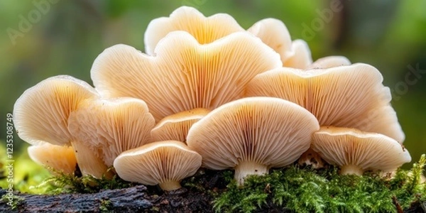 Obraz Cluster of Delicate Pale Mushrooms on Mossy Log