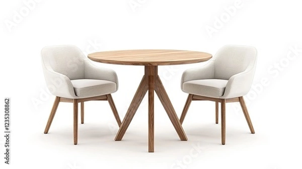 Fototapeta 3D rendering of a modern minimalist dining table with two chairs, isolated on a white background.
