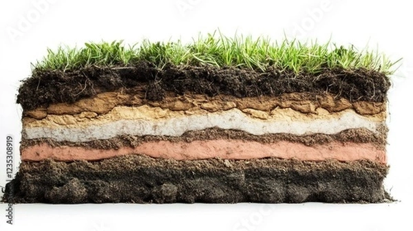 Obraz Photo of a cross-section showing different layers in soil with grass and dirt on a white background, close-up view, in natural light