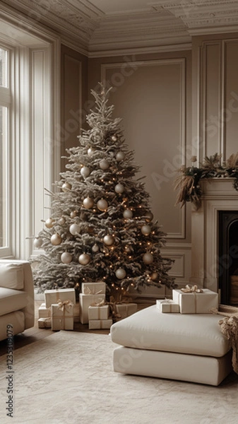 Obraz Modern Holiday Decor with Neutral White and Champagne Tones Featuring a Minimalist Christmas Tree, Soft Lights, and Elegant Gift Boxes for a Refined Festive Atmosphere