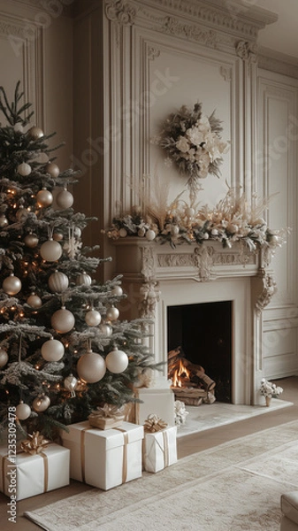 Obraz Modern Holiday Decor with Neutral White and Champagne Tones Featuring a Minimalist Christmas Tree, Soft Lights, and Elegant Gift Boxes for a Refined Festive Atmosphere