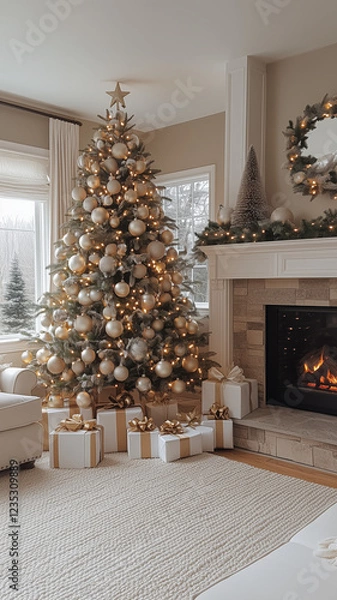 Obraz Modern Holiday Decor with Neutral White and Champagne Tones Featuring a Minimalist Christmas Tree, Soft Lights, and Elegant Gift Boxes for a Refined Festive Atmosphere
