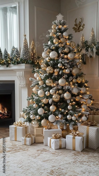 Obraz Modern Holiday Decor with Neutral White and Champagne Tones Featuring a Minimalist Christmas Tree, Soft Lights, and Elegant Gift Boxes for a Refined Festive Atmosphere