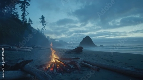 Fototapeta Coastal Campfire At Twilight Under A Cloudy Sky