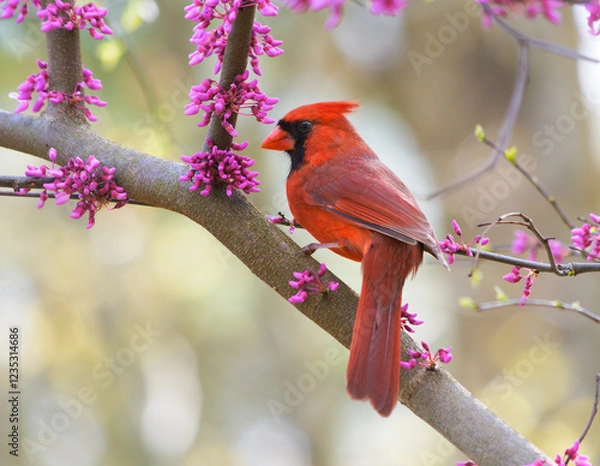 Obraz Northern red male Cardinal songbird, Cardinalis cardinalis, perched in a redbud tree looking to left