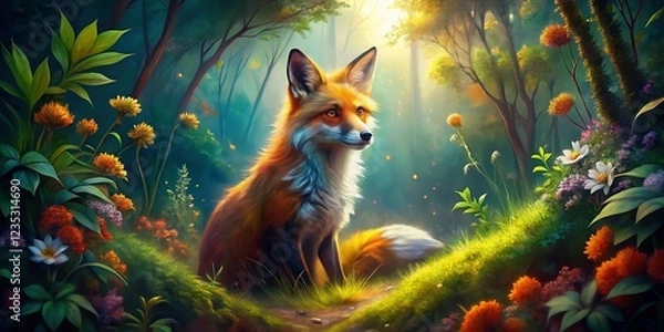 Fototapeta Majestic Fox in Enchanting Forest, Watercolor Masterpiece