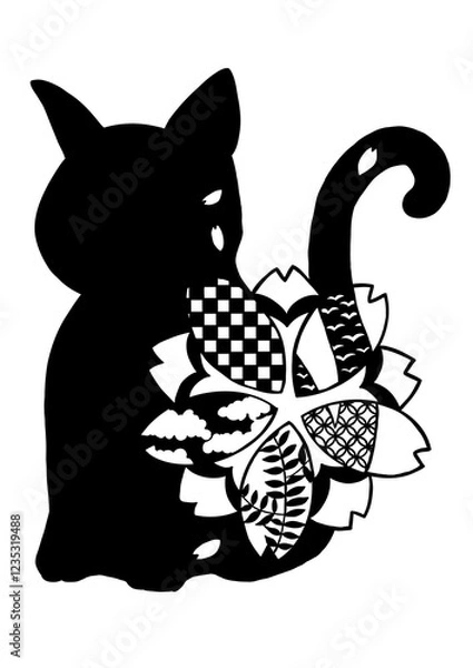 Obraz 切り絵用の猫のシルエットと和風模様の桜