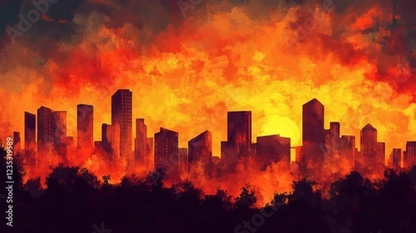 Fototapeta Fiery Sunset Over City Skyline - Dramatic Urban Landscape