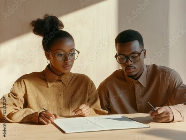Fototapeta A multiethnic male African mentor and female African American intern are sitting at a desk and doing paperwork together and dproject financial report. Corporate business collaboration concept