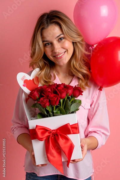 Obraz Una mujer sonriendo con un regalo del día de los enamorados.