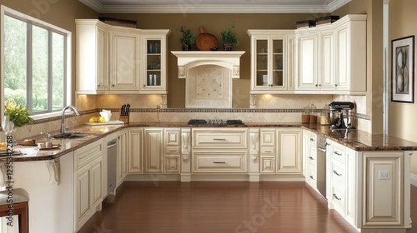 Fototapeta Sunny kitchen with white cabinetry, marble countertops, and a small breakfast nook.