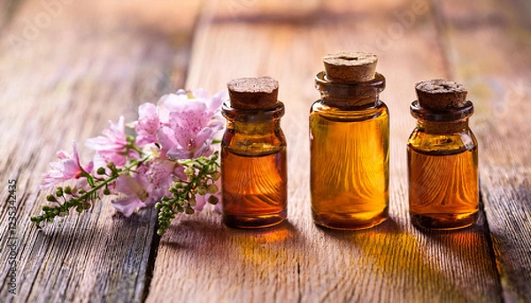 Obraz aromatherapy small glass bottles with sprigs of flowers