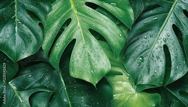 Fototapeta Lush Green Monstera Leaves with Dew Drops: A Tropical Paradise