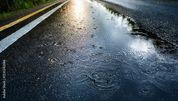 Obraz raindrops falling on wet asphalt road with reflection