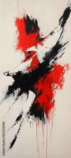 Fototapeta A high-contrast abstract painting of jagged lines and bold splashes of red, black, and white
