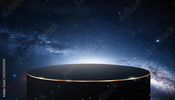 Obraz mockup midnight black podium for product cosmic background with distant galaxies and glowing stars