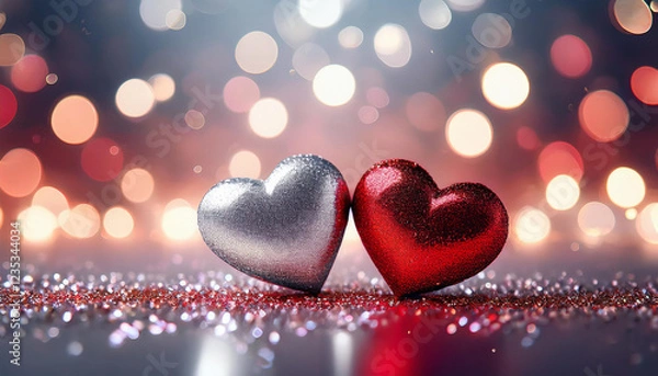 Obraz valentines day hearts two hearts red and silver glitter on shiny sparkle background with blurry bokeh lights