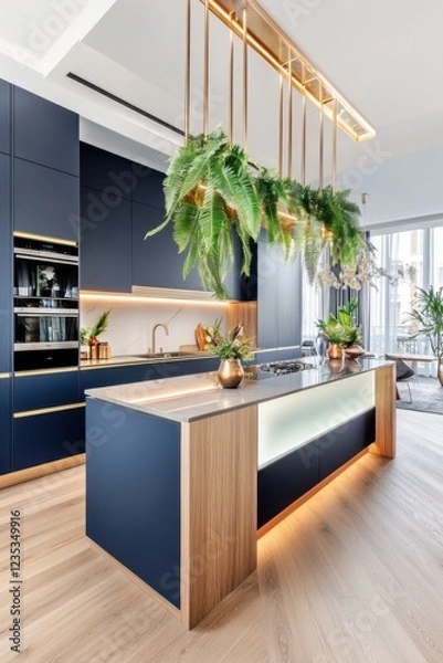 Obraz Levanto kitchen featuring deep navy cabinetry and a central island with an illuminated frosted glass base. The backsplash is a gradient glass panel transitioning