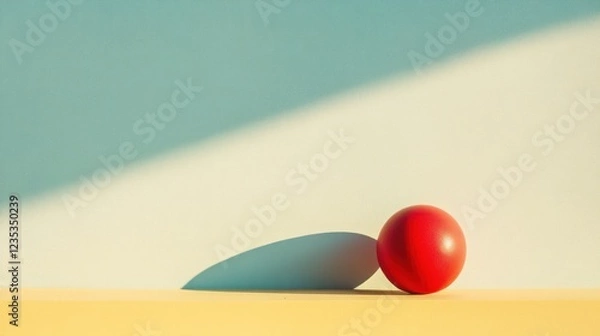 Fototapeta Red Sphere on a Yellow Surface with a Blue and White Background