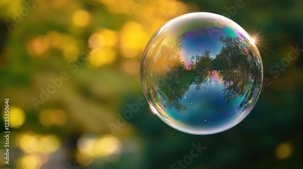 Fototapeta A Soap Bubble Reflecting a Sunlit Forest