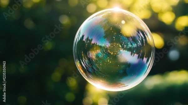 Fototapeta A Single Soap Bubble Reflecting Green and Yellow Bokeh