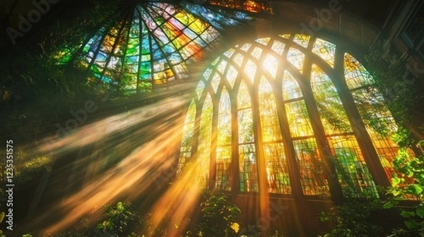 Fototapeta Sunbeams Streaming Through Stained Glass Windows in a Lush Green Conservatory