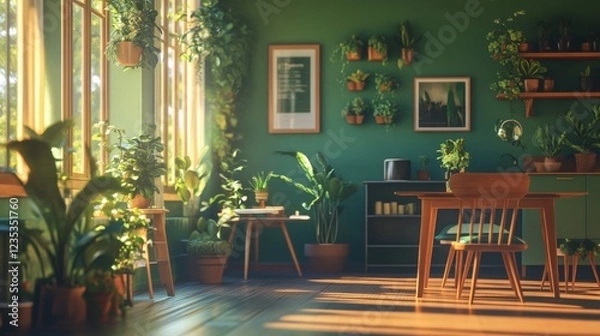 Fototapeta Cozy 3D Render of Inviting Cafe with Green Plants and Warm Aesthetic Interior