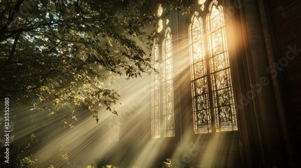 Fototapeta Sunlight Streaming Through Stained Glass Windows in a Stone Church
