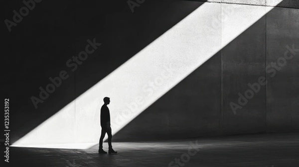 Fototapeta Silhouette of a Person Walking in a Sunlit Concrete Corridor