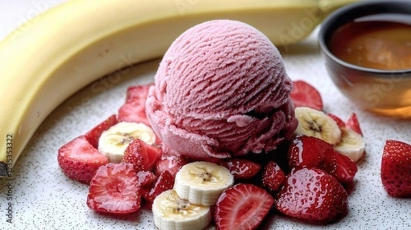 Obraz Delicious strawberry banana ice cream served with fresh fruit and honey drizzle