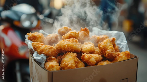 Fototapeta Crispy, golden-brown fried chicken, is piled high in a cardboard container, steaming and appearing freshly cooked.