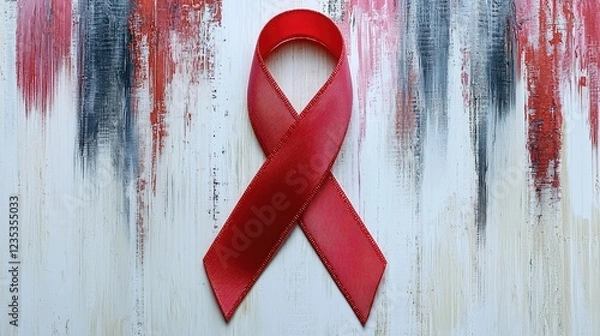 Obraz Red ribbon symbolizing awareness on a textured background with artistic brush strokes