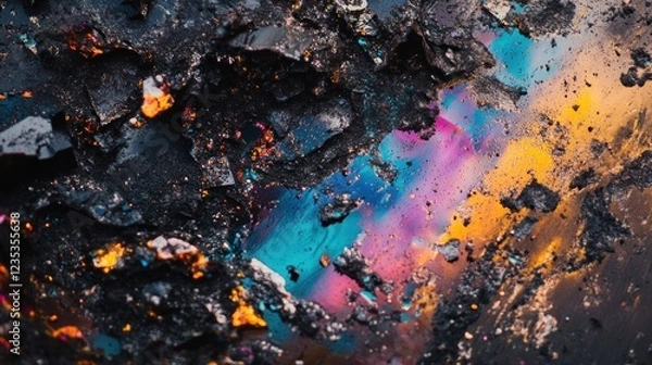 Fototapeta Close-up of a dark, textured surface with iridescent blue, pink, and yellow accents